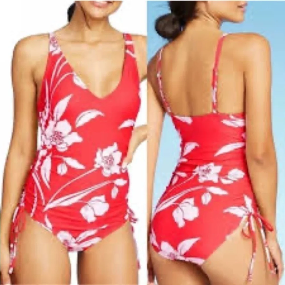 Kona Sol tropical floral one piece ruched side cinched full coverage size 18W